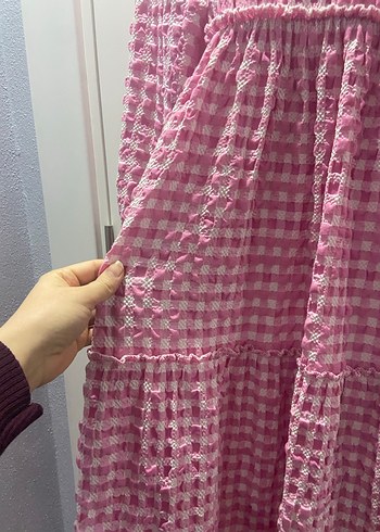 Pembe Bağlama Desenli Uzun Kollu Elbise - Görsel 3