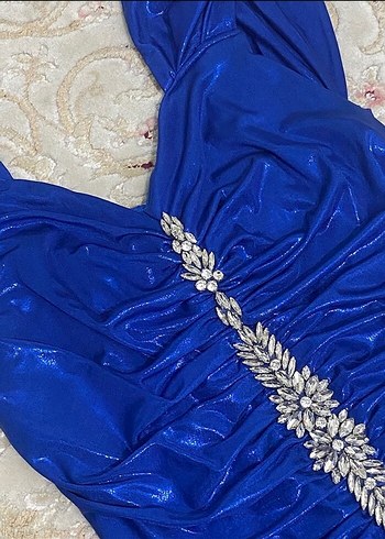 Drapeli Parlak Mavi Uzun Kadın Abiye - Görsel 6