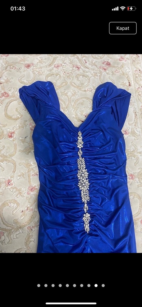 Drapeli Parlak Mavi Uzun Kadın Abiye - Görsel 4