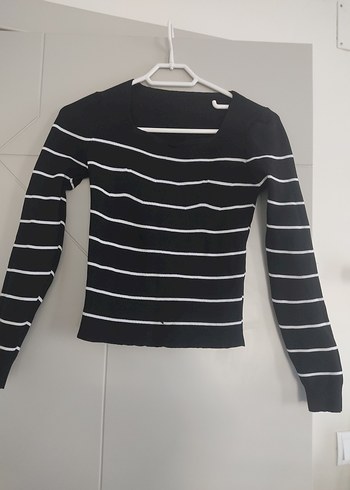 Çizgili Siyah Kadın Triko Bluz - Görsel 2