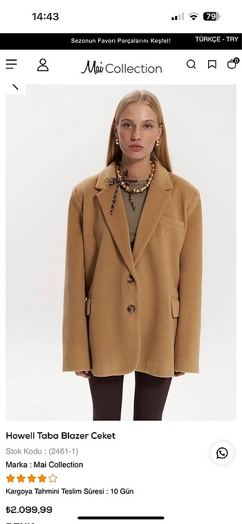 Mai collection'dan taba rengi blazer palto