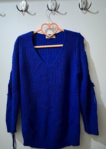 Mavi V Yakalı Örgü Kadın Kazak - Görsel 2