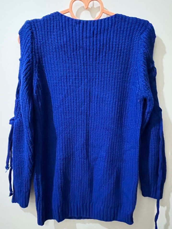 Mavi V Yakalı Örgü Kadın Kazak - Görsel 5