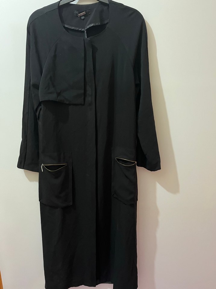 Siyah Uzun Kadın ferace Fermuarlı Cepli - Görsel 2