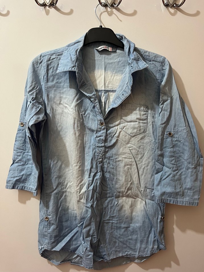 Düğmeli Mavi Denim Kadın Gömlek - Görsel 2