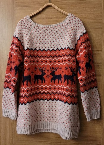 Renkli geyik Desenli Kadın Triko Kazak - Görsel 4