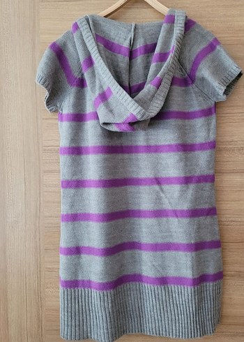 V Yaka  Kapüşonlu Kısa Kollu Çizgili Triko Tunik - Görsel 2