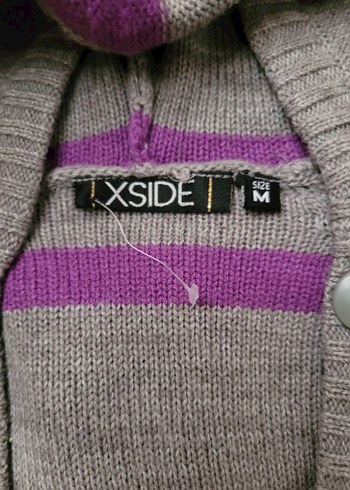 V Yaka  Kapüşonlu Kısa Kollu Çizgili Triko Tunik - Görsel 3