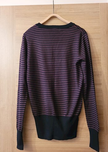 Kahverengi Siyah Çizgili V Yaka Triko Kazak - Görsel 4