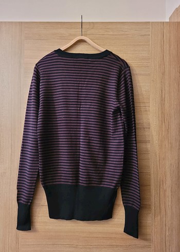 Kahverengi Siyah Çizgili V Yaka Triko Kazak - Görsel 7