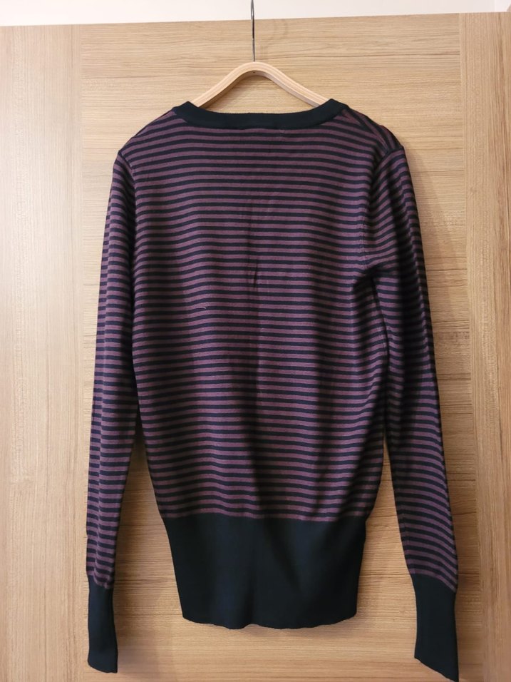 Kahverengi Siyah Çizgili V Yaka Triko Kazak - Görsel 4