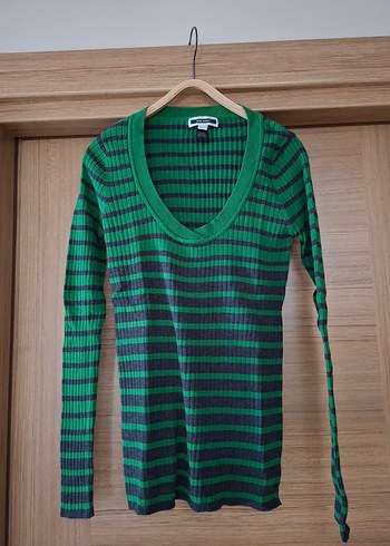 Yeşil Çizgili İnce Triko Kadın Kazak - Görsel 5