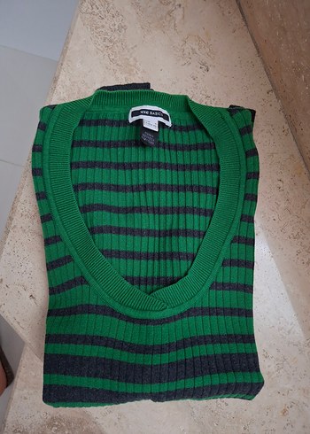 Yeşil Çizgili İnce Triko Kadın Kazak - Görsel 3