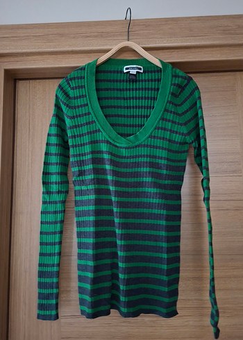 Yeşil Çizgili İnce Triko Kadın Kazak - Görsel 2