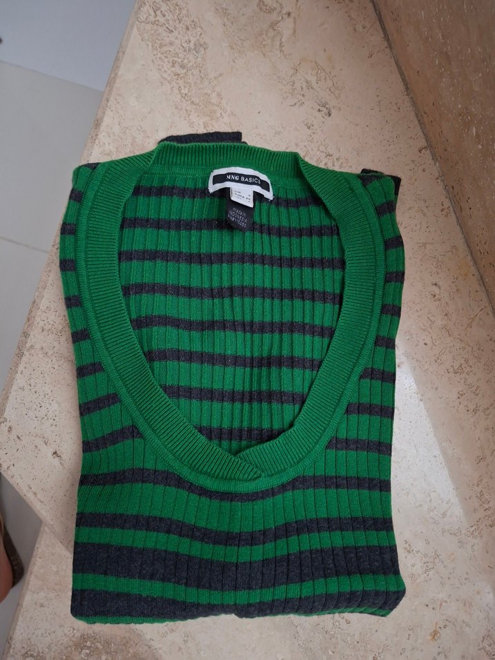 Yeşil Çizgili İnce Triko Kadın Kazak - Görsel 4