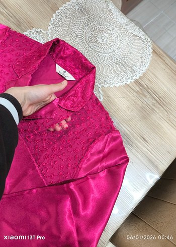 Pembe İşlemeli Askılı Bohem Kadın Gecelik ve sabahlık takımı - Görsel 12