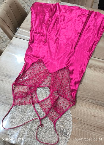 Pembe İşlemeli Askılı Bohem Kadın Gecelik ve sabahlık takımı - Görsel 6