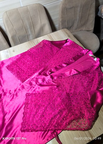 Pembe İşlemeli Askılı Bohem Kadın Gecelik ve sabahlık takımı - Görsel 15