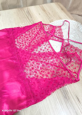 Pembe İşlemeli Askılı Bohem Kadın Gecelik ve sabahlık takımı - Görsel 2