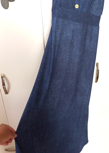 xl Beden Düğmeli Lacivert Uzun Elbise