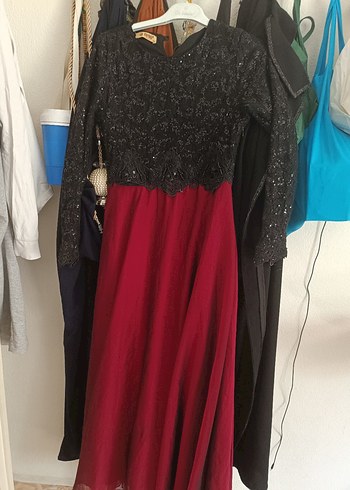 Bordo Uzun Kollu Dantelli Abiye Elbise