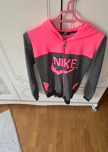 Kadın Pembe Gri Nike Fermuarlı Kapüşonlu Sweatshirt