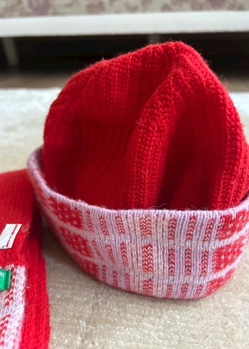 BENETTON Kırmızı Çocuk Örgü Bere ve Atkı Seti - Görsel 6