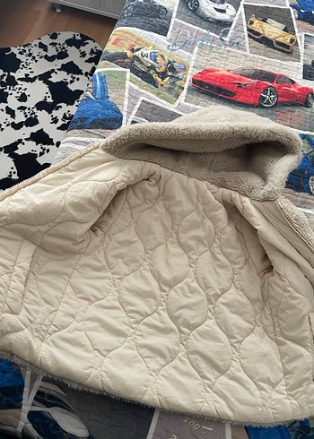 Çift taraflı Kapüşonlu krem kız  Çocuk Peluş Mont - Görsel 2