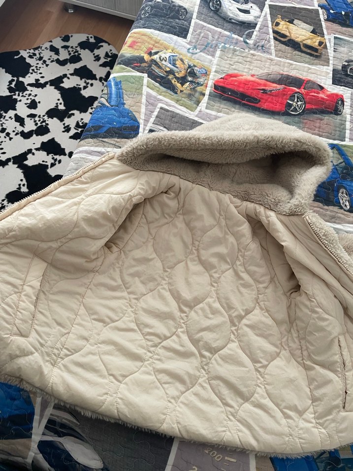 Çift taraflı Kapüşonlu krem kız  Çocuk Peluş Mont - Görsel 2