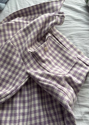 Düğmeli Mor Ekose Kadın ceket - Görsel 3