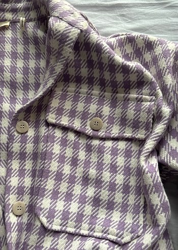 Düğmeli Mor Ekose Kadın ceket - Görsel 5