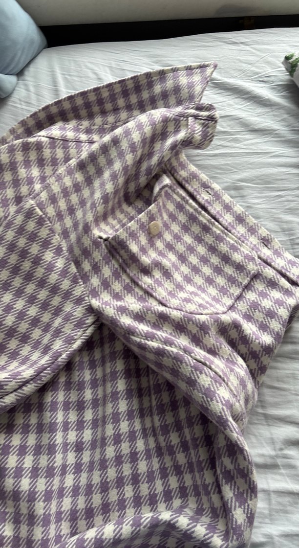 Düğmeli Mor Ekose Kadın ceket - Görsel 3