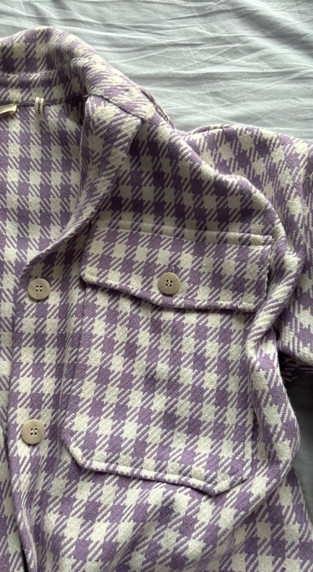 Düğmeli Mor Ekose Kadın ceket - Görsel 5