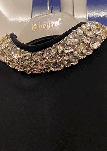 36 Beden Uzun Siyah Taşlı Drape Abiye Elbise