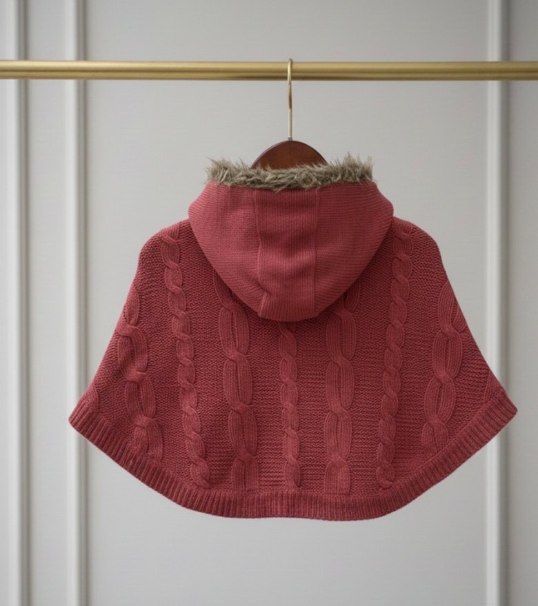 Kız Çocuk Kapüşonlu Örgü Panço 4-5 yaş - Görsel 2