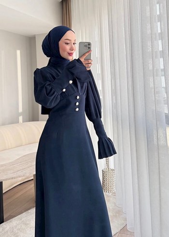 Düğmeli Lacivert Uzun Kadın Elbise