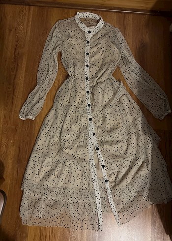 Puantiye Desenli Bej Uzun Kadın Elbise - Görsel 2