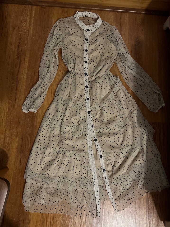 Puantiye Desenli Bej Uzun Kadın Elbise - Görsel 2