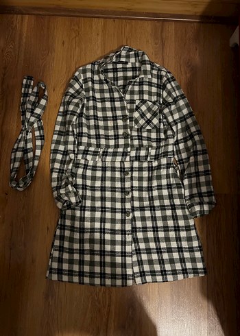 Kadın Gri Kareli Midi Kemerli elbise - Görsel 2