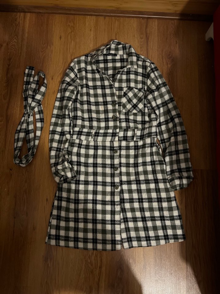 Kadın Gri Kareli Midi Kemerli elbise - Görsel 2