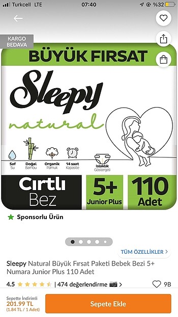 Sleepy 5+ Cırtlı Bebek Bezi