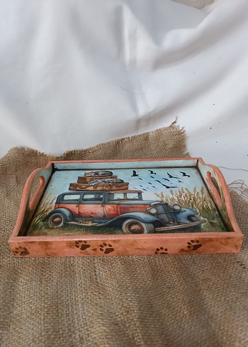 Beden Renk Kahverengi Ahşap Kulplu Vintage Tepsi