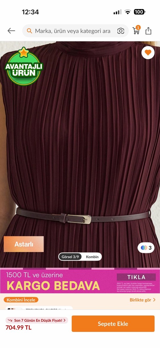 Bordo Piliseli Uzun Elbise - Görsel 2