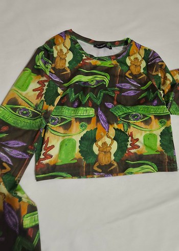 Desenli Uzun Kollu Crop - Görsel 3