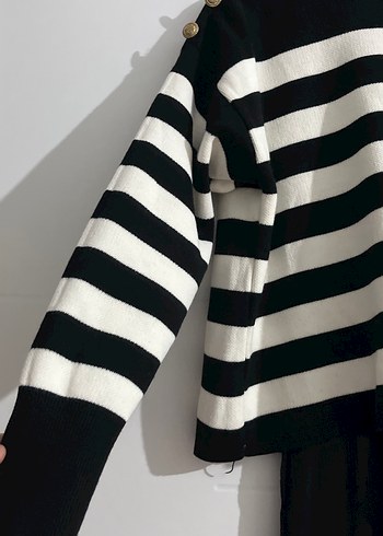 Uzun Kollu Siyah Beyaz Çizgili Kadın Kazak Elbise - Görsel 3