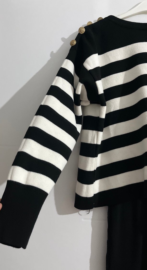 Uzun Kollu Siyah Beyaz Çizgili Kadın Kazak Elbise - Görsel 3