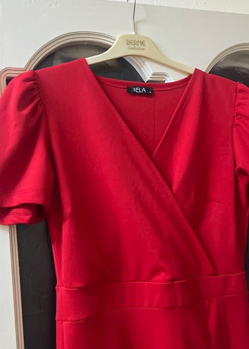 Kırmızı V Yaka Midi Drapeli Elbise - Görsel 3