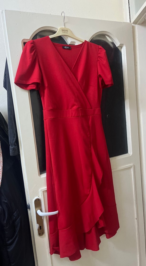 Kırmızı V Yaka Midi Drapeli Elbise - Görsel 2