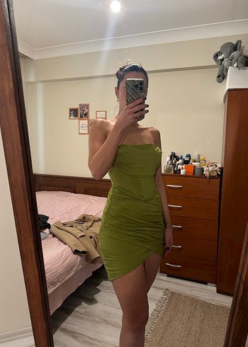 Drapeli Straplez Midi Kadın Elbise - Görsel 3