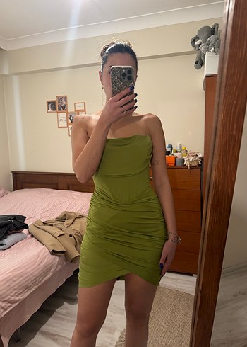 Drapeli Straplez Midi Kadın Elbise - Görsel 2